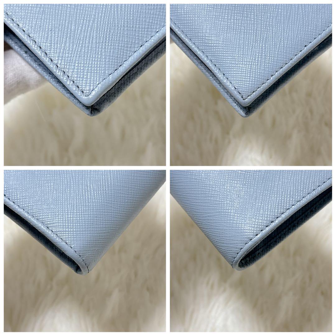 美品/現行✨プラダ 二つ折り財布 三角ロゴ レザー RFID ライトブルー 水色