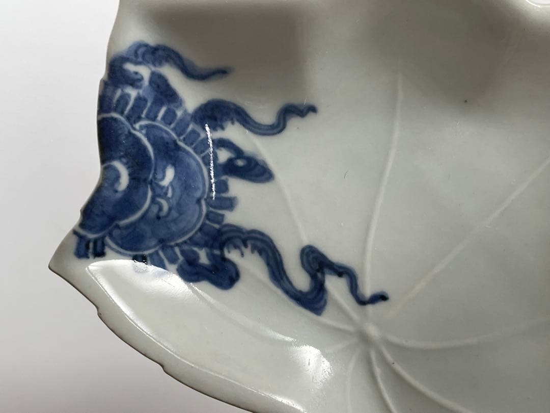骨董　アンティーク　藍九谷　染付如意雲文楓形皿　変形皿