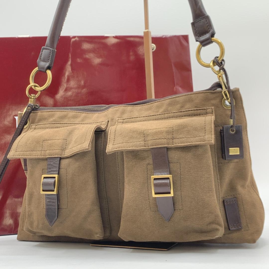 オールドグッチ ショルダーバッグ ハンドバック 真鍮色 キャンバス レザー
