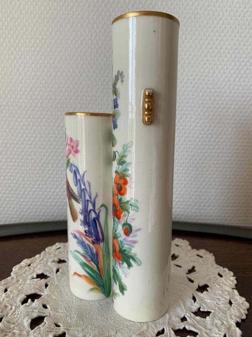 ✨特別価格✨ロイヤルウースター金彩耳付き花鳥文様3連管の花瓶　英国アンティーク