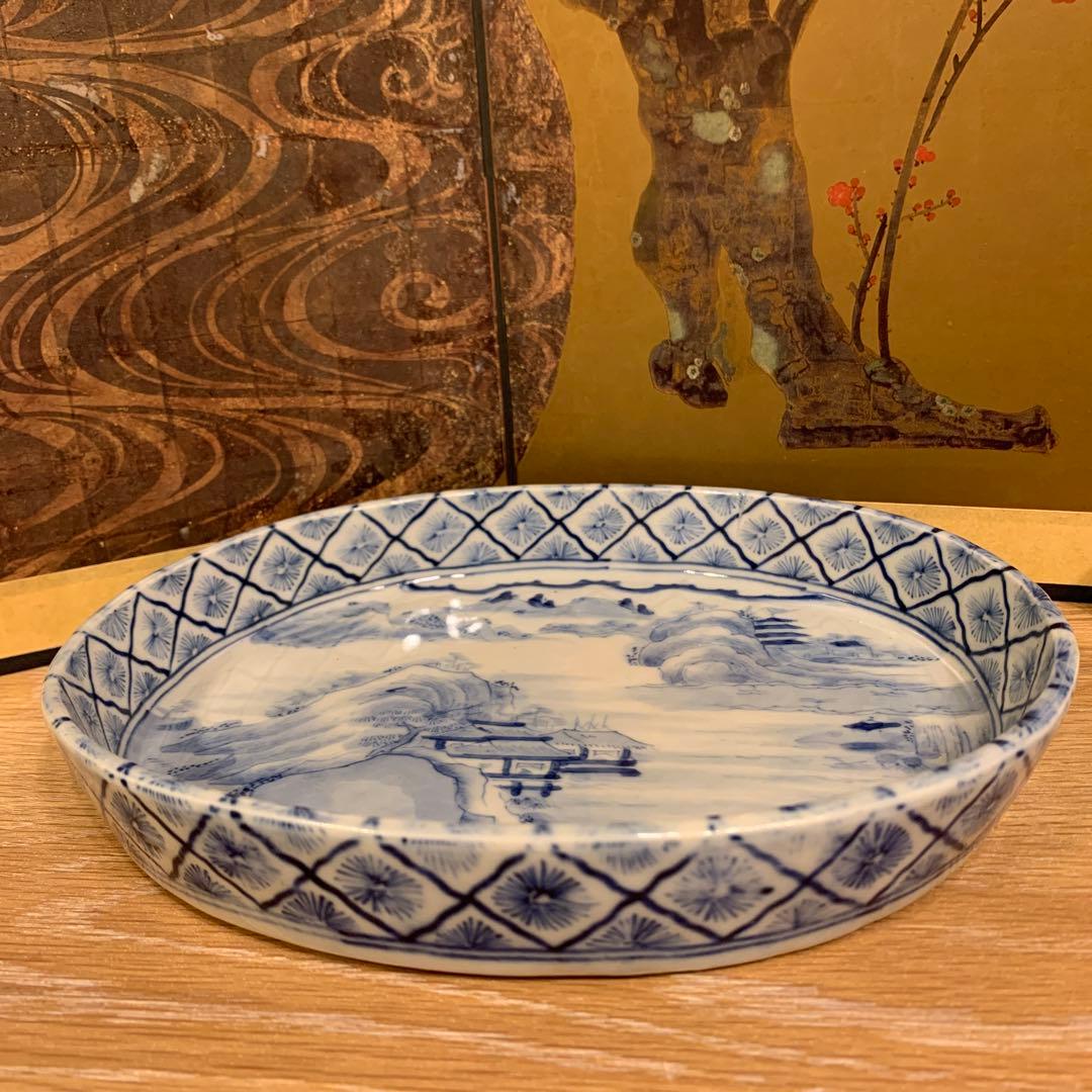 アンティーク　中国美術　極密画工　山水染付皿　1客