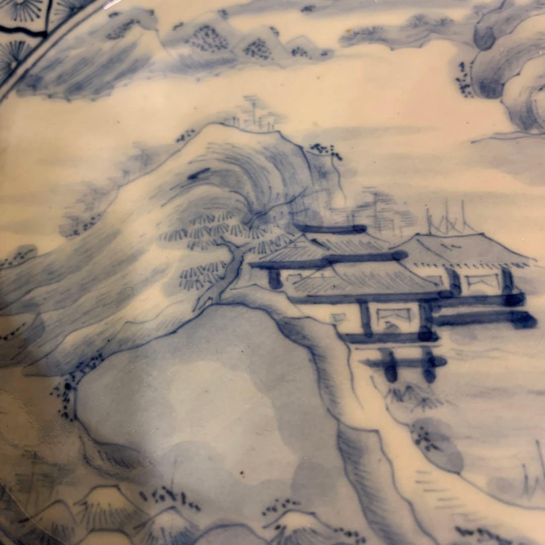 アンティーク　中国美術　極密画工　山水染付皿　1客