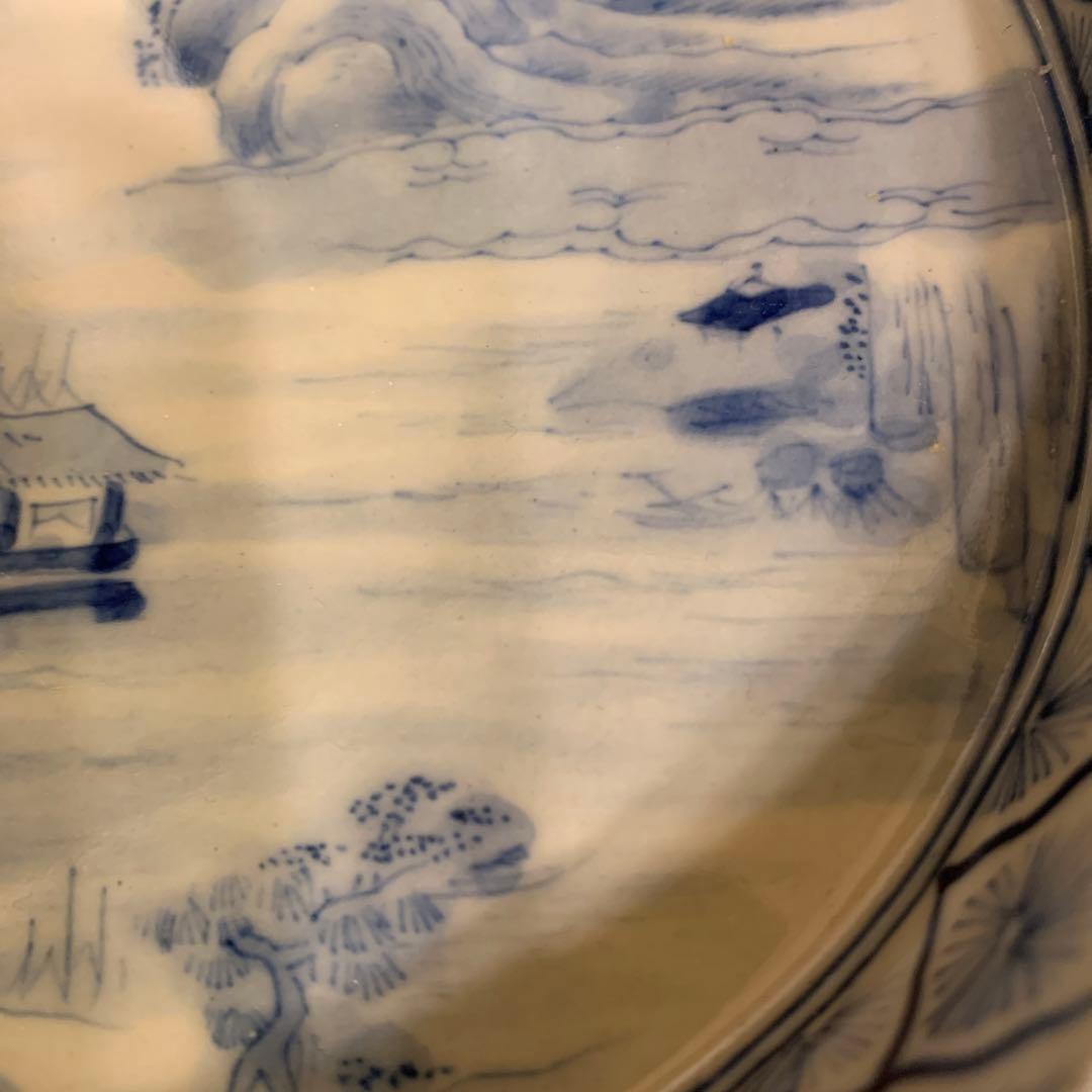 アンティーク　中国美術　極密画工　山水染付皿　1客