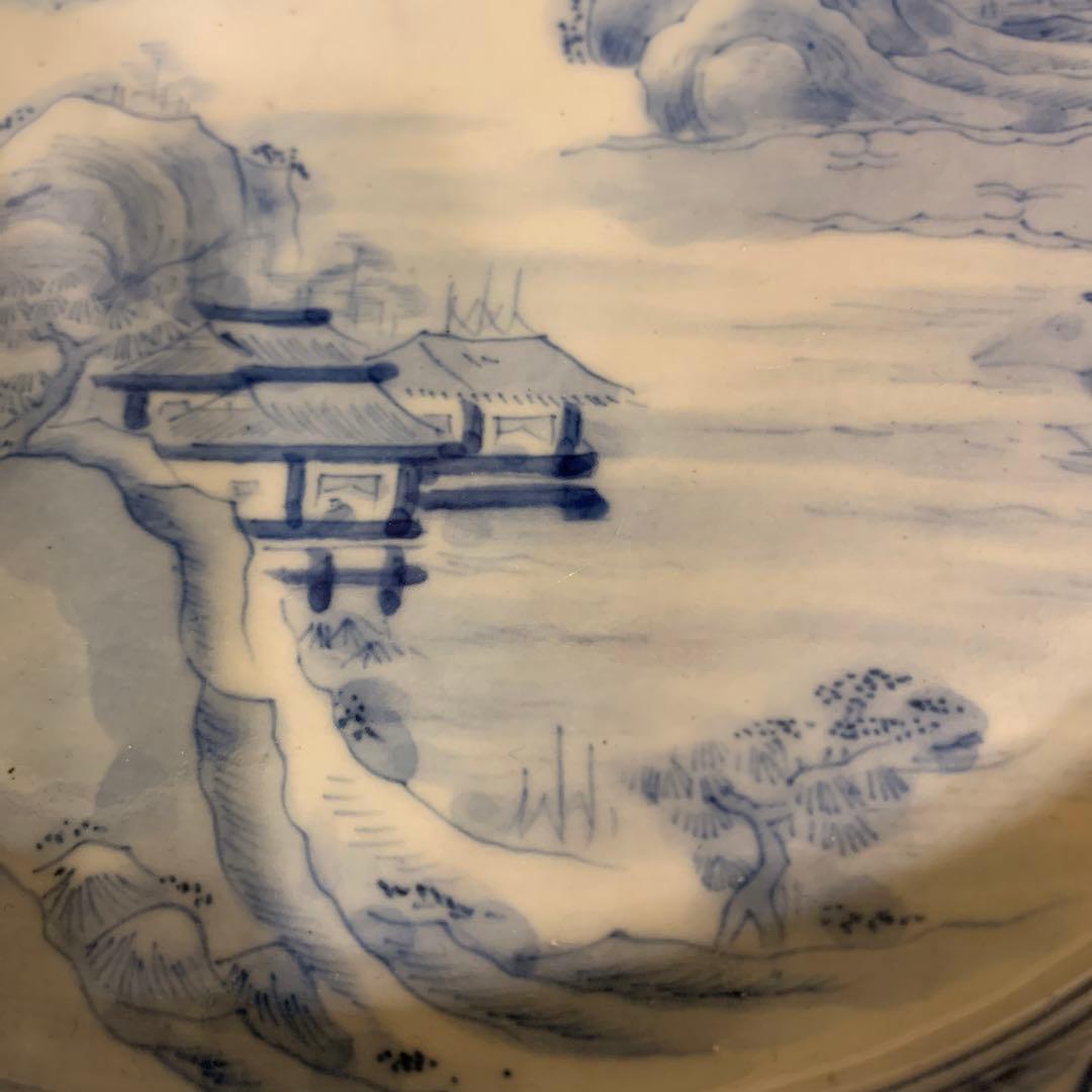 アンティーク　中国美術　極密画工　山水染付皿　1客