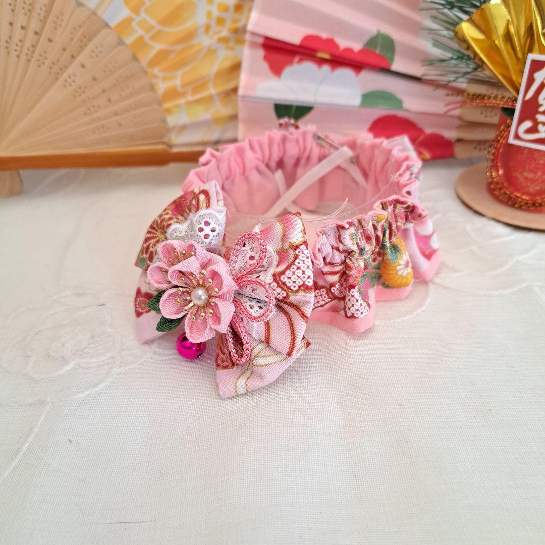 短毛シュシュ、和風妻み細工(ピンク③)わんちゃん猫ちゃん用