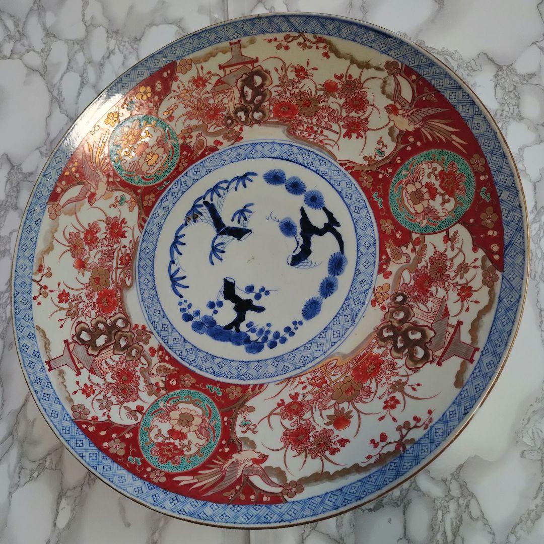 48cm 超特大 古伊万里 赤絵 金彩 骨董 飾り皿 伊万里焼（大型・送料込）