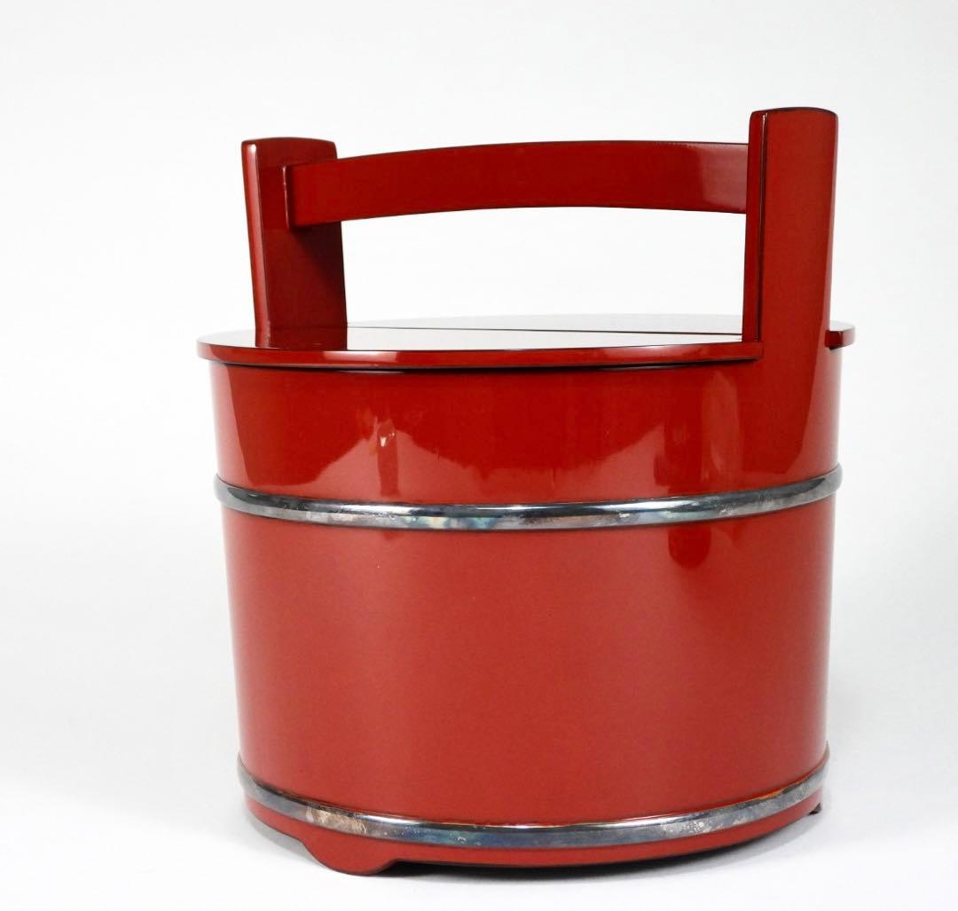 木製　輪島塗　銀輪線　朱漆塗り　手桶水指　共箱　茶道具