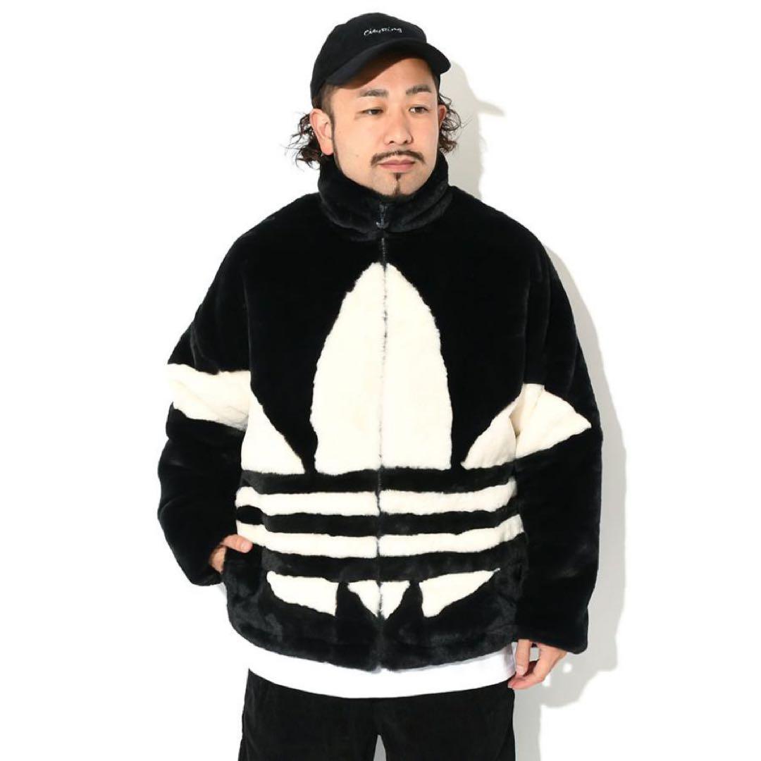 ★美品★ アディダスオリジナルス ファー ジャケット 黒 トレフォイル デカロゴ