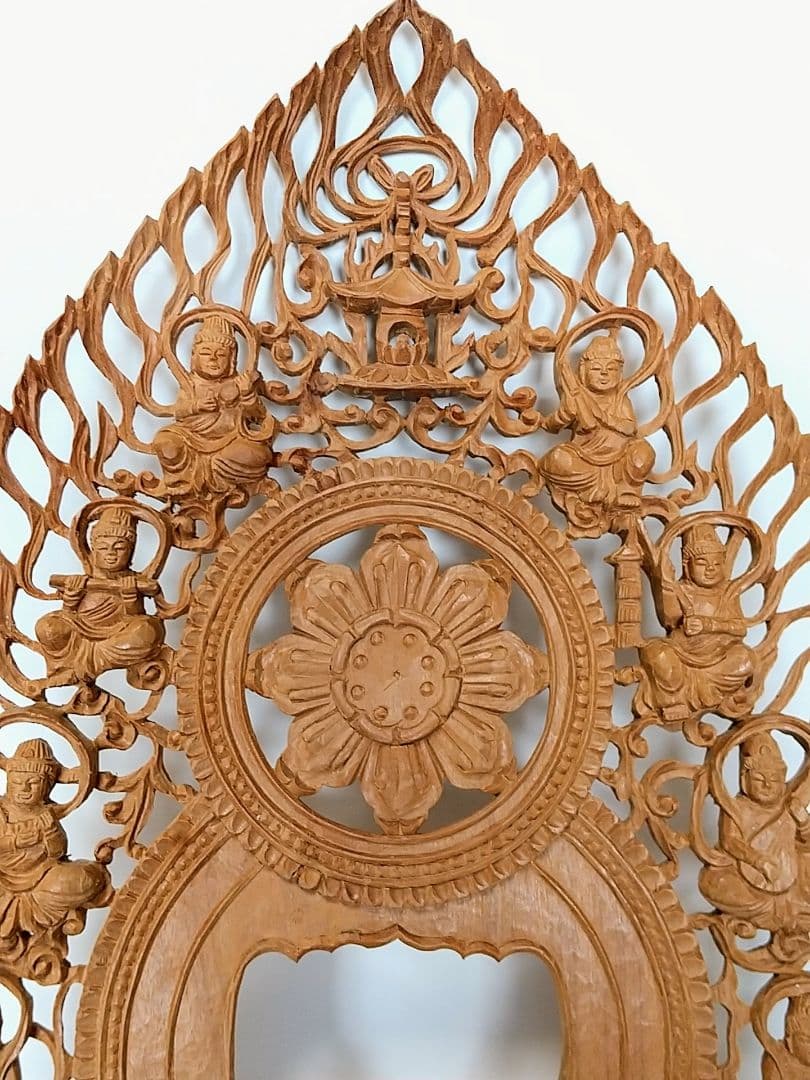 光背(3寸坐像用)#416 透し彫 奏楽飛天 宝塔◆白檀 木彫 仏像付属品