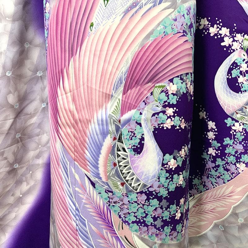 508z20〇ふくよかサイズ 振袖 銀彩 孔雀 紫〇美品 成人式 結婚式