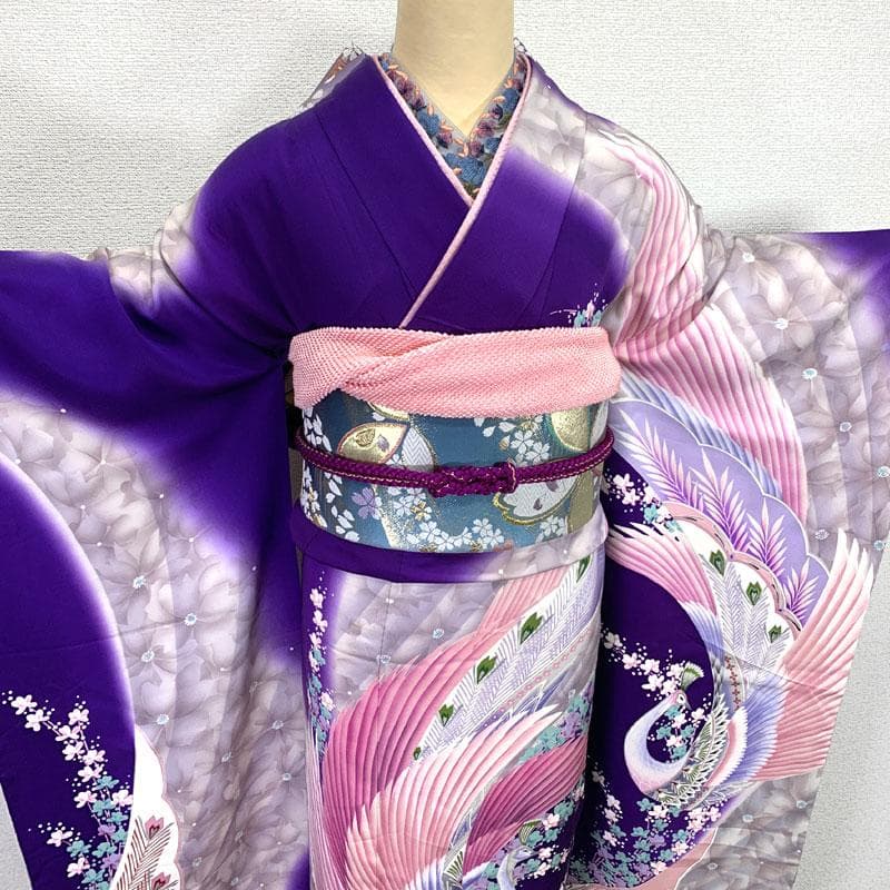 508z20〇ふくよかサイズ 振袖 銀彩 孔雀 紫〇美品 成人式 結婚式