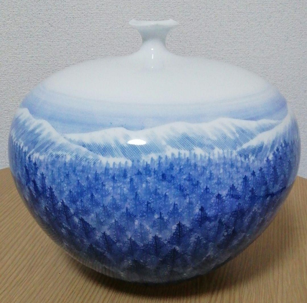 日展作家　藤井朱明作　染付　山景色　花入　共箱　立札付　花瓶