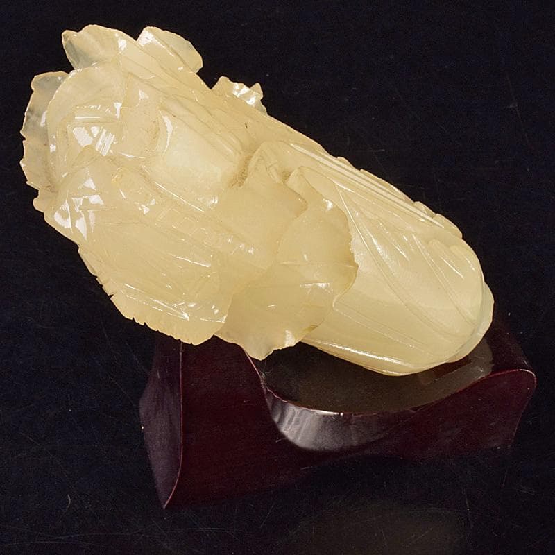 中国　玉石白玉彫刻　白菜　置物　唐木台付　C　R7586