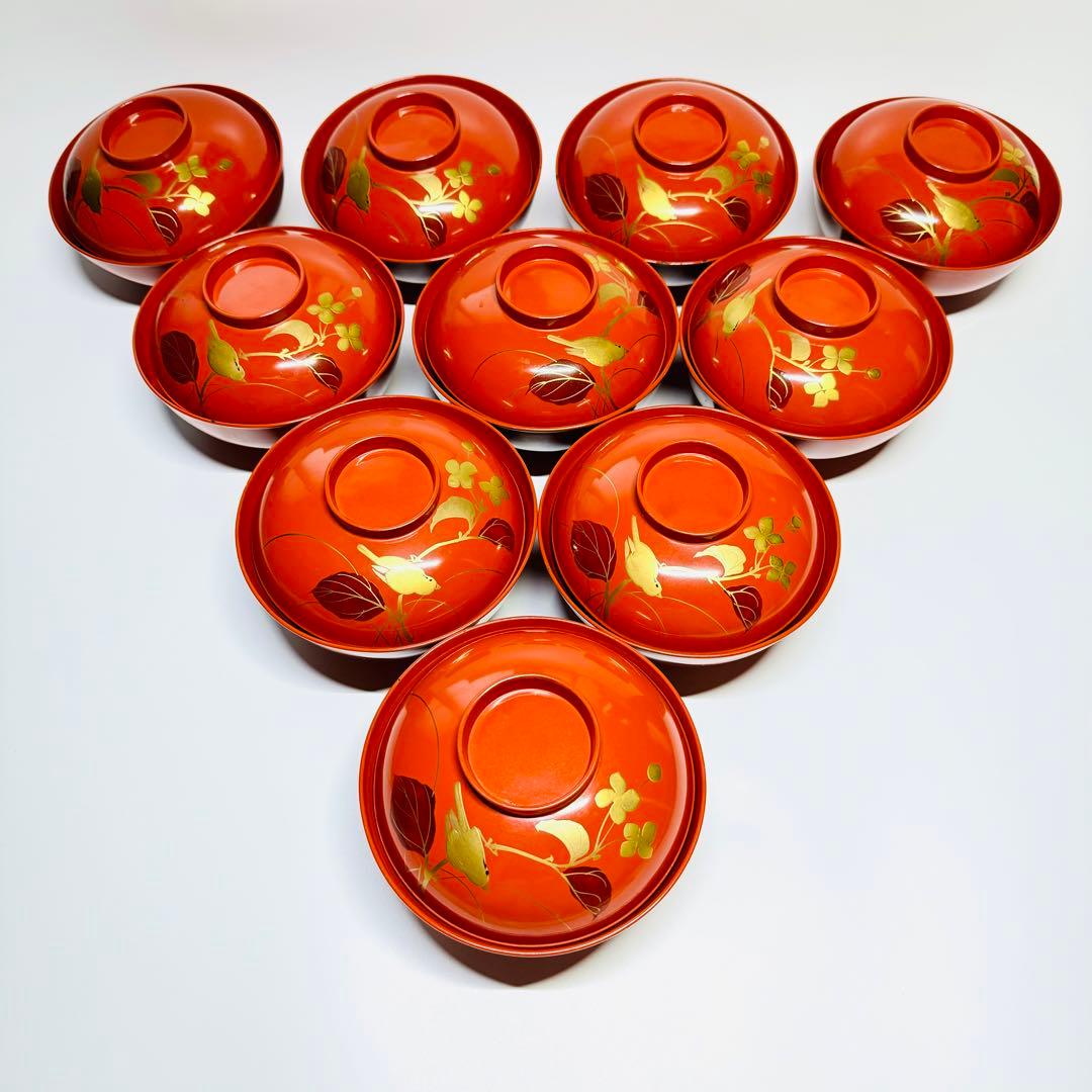 漆器　輪島塗　金蒔絵　鳥花絵　木製　朱　蓋付椀　お煮物椀　吸物椀　10客　骨董品