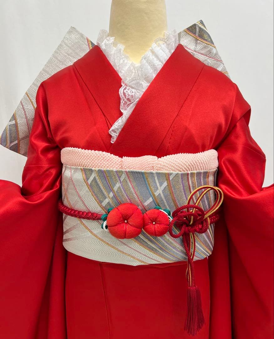 振り袖　フルセット　長襦袢付　赤　黒　ツートーン　成人式　パーティー　665