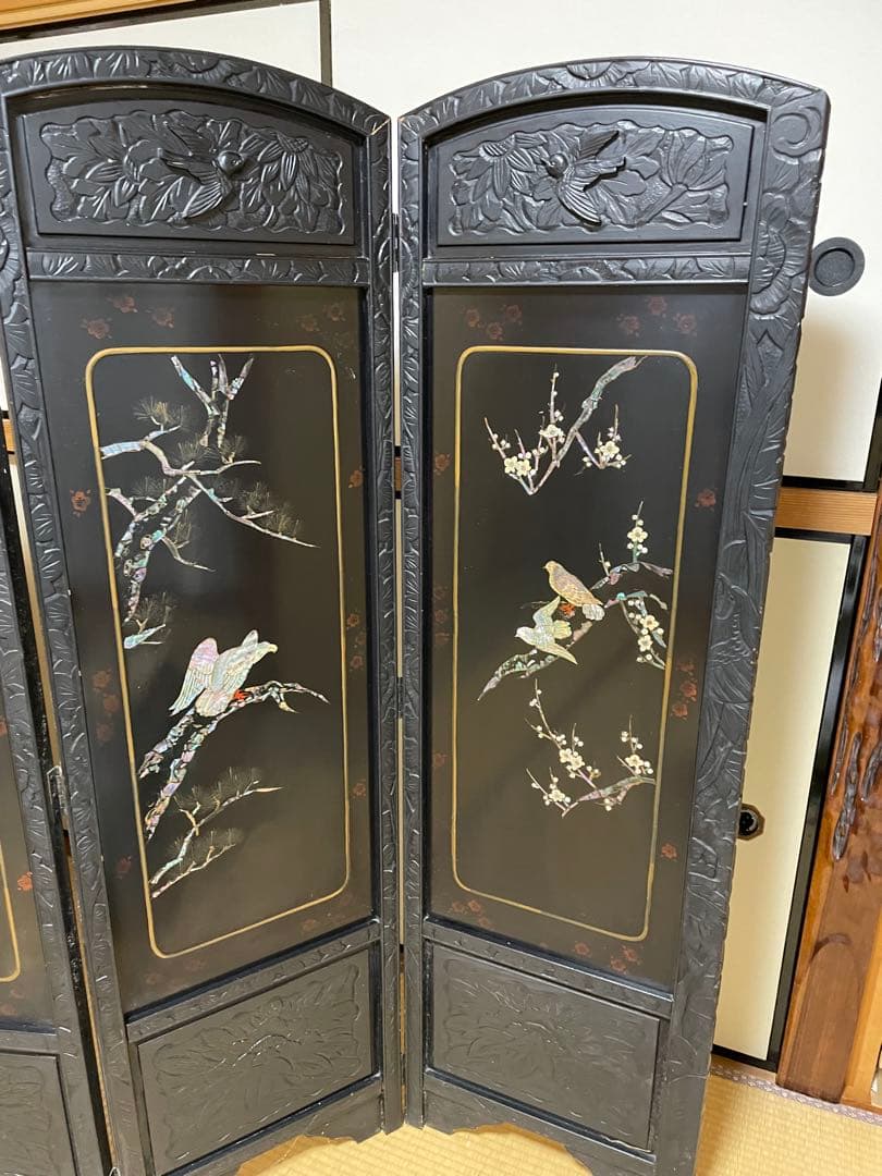 螺鈿細工 四曲屏風 大型 木製 アンティーク 和家具 インテリア