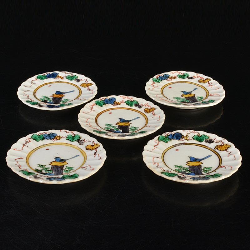 九谷焼　古九谷　角福銘　色絵花鳥文　輪花皿　手塩皿　小皿　五客　V　R7321