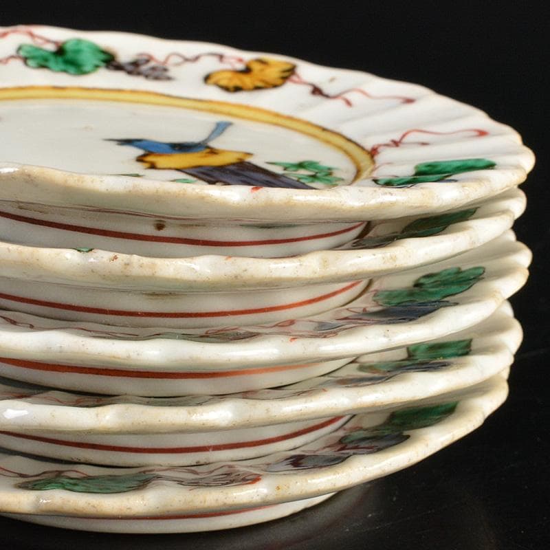 九谷焼　古九谷　角福銘　色絵花鳥文　輪花皿　手塩皿　小皿　五客　V　R7321