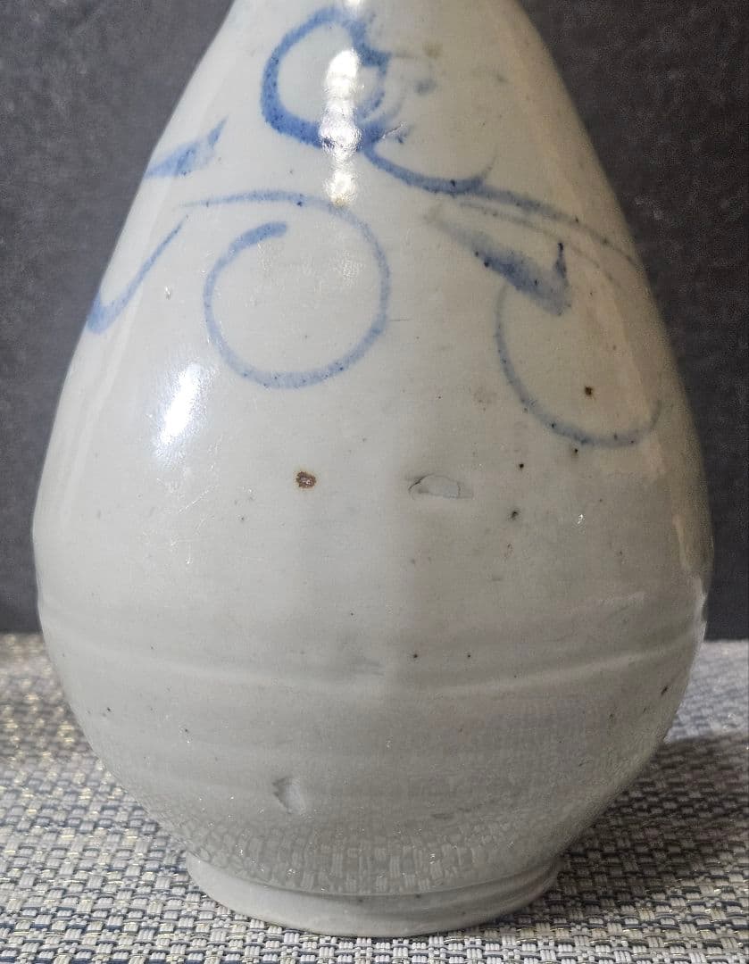 李氏朝鮮時代　李朝白磁　李朝青華　草花文様　広口　徳利　花入れ　瓶　茶道具　茶器