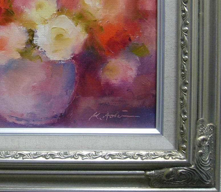 絵画 油絵 青木今陽 肉筆油絵  手淡い色合いの 薔薇の花