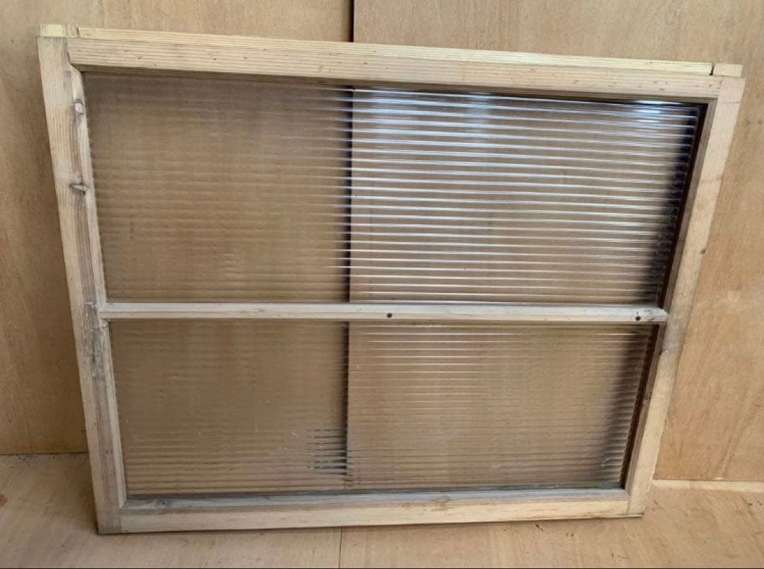 昭和レトロ　木枠窓モールガラス戸2分割　2枚組　古家具建具仕切古民家再生店舗什器
