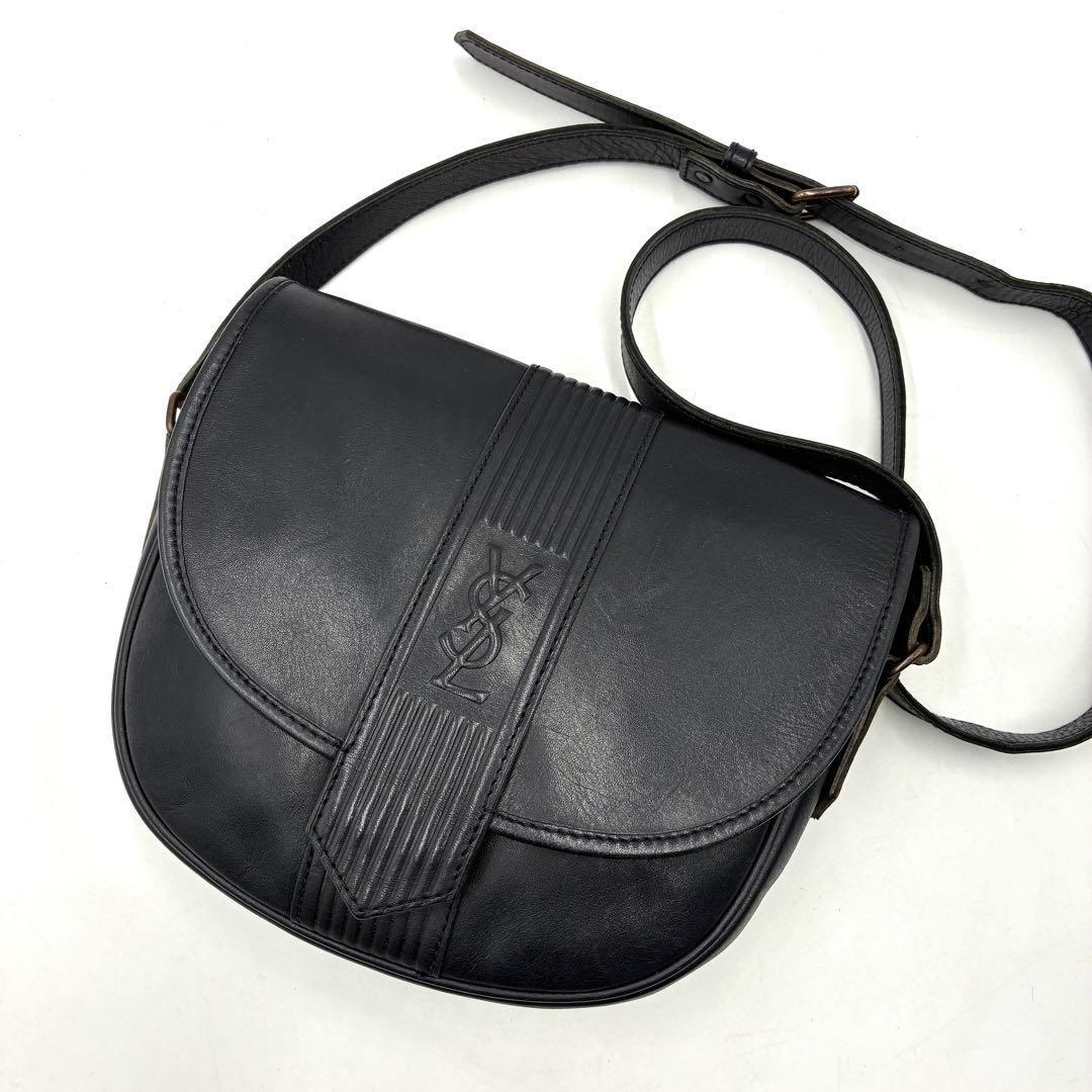 美品 イヴサンローラン ショルダーバッグ 斜め掛け YSLロゴ レザー 濃紺
