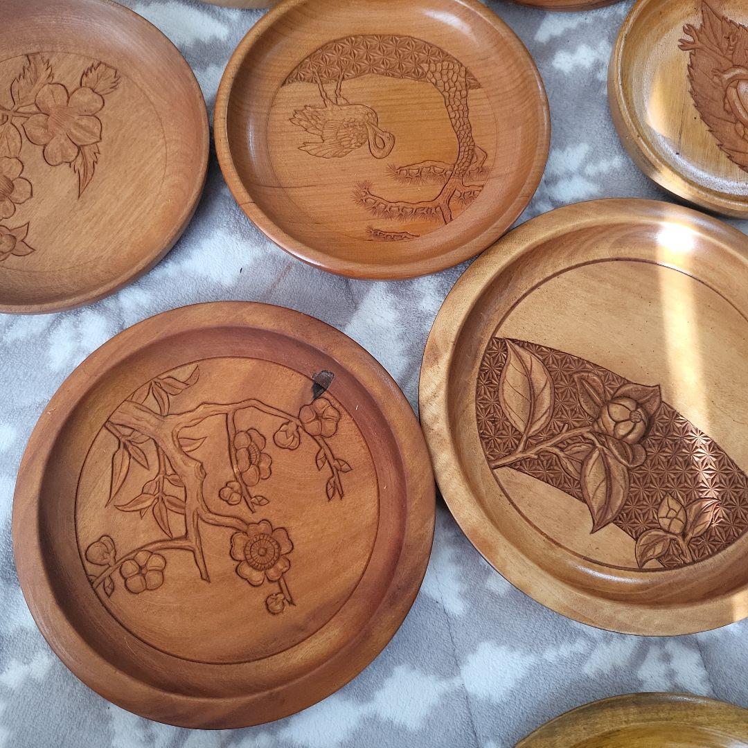木製 彫刻盆 12枚セット お盆 宮島彫 お菓子 茶 鶴 桜 牡丹 扇 レトロ