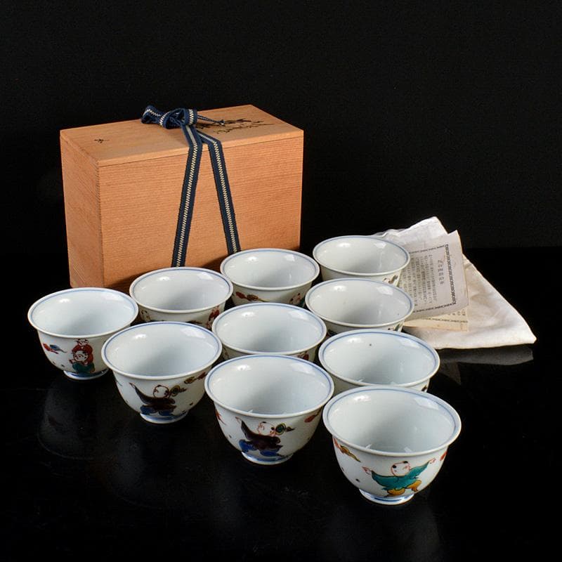 九谷焼　堀江青光作　色絵唐子文　波出茶碗　10客　共箱　V　6261