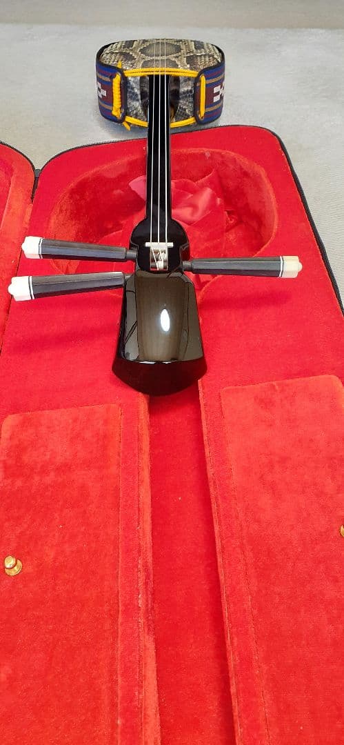 高級品沖縄三線豪華セット②☆ケース付属品多数☆両面本ヘビ革本蛇革リアルスネーク