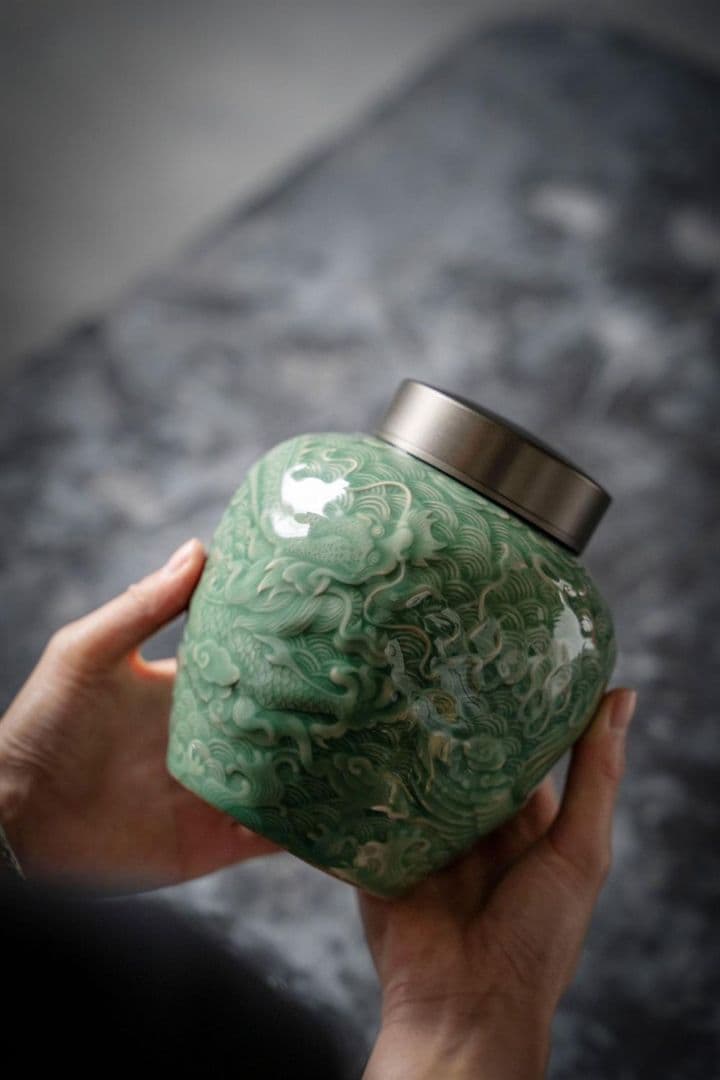 中国美術 茶筒 茶器 茶入れ 青磁 茶道具 龍鳳紋 送料込み