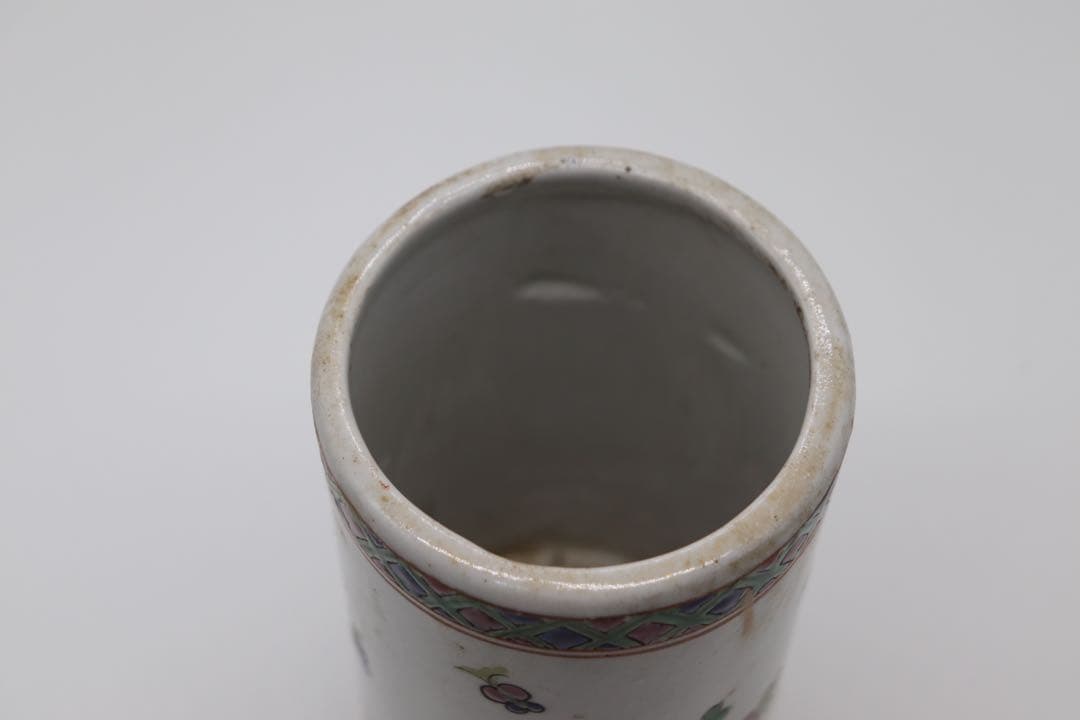 中国　粉彩　花鳥紋筆筒　同治年製銘　送料込み1222