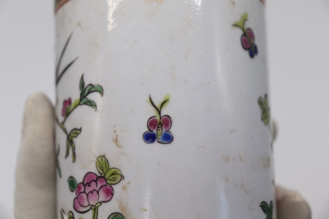 中国　粉彩　花鳥紋筆筒　同治年製銘　送料込み1222