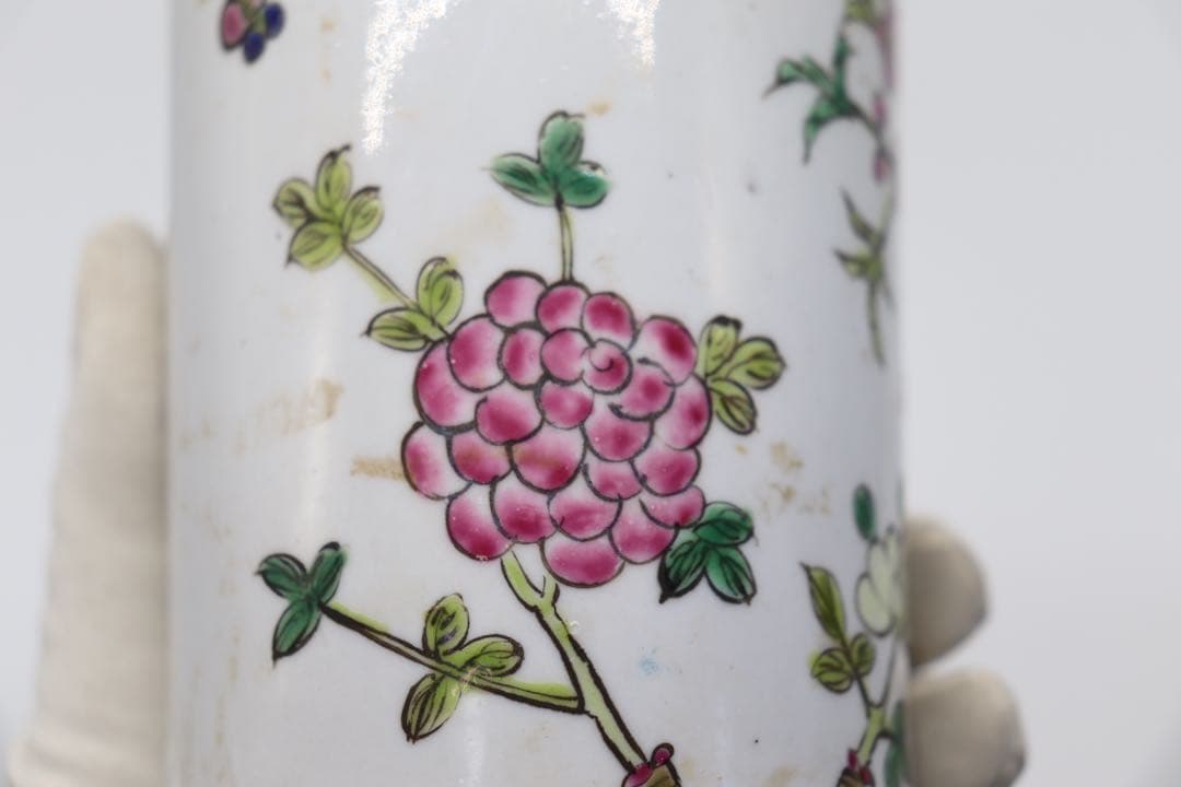 中国　粉彩　花鳥紋筆筒　同治年製銘　送料込み1222