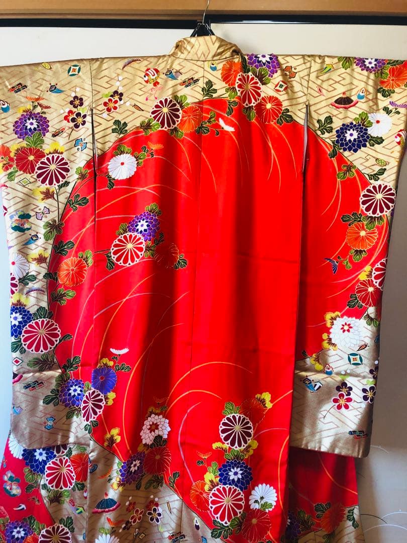 【豪華美品】引き振袖　お引きずり　和装婚　前撮り　朱色花柄