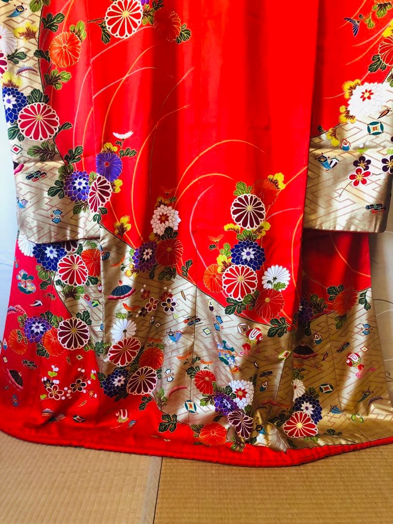 【豪華美品】引き振袖　お引きずり　和装婚　前撮り　朱色花柄