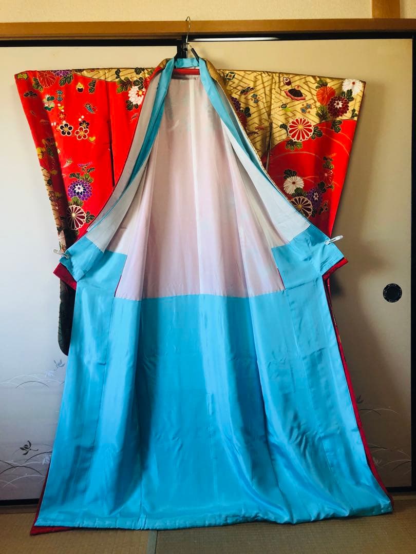 【豪華美品】引き振袖　お引きずり　和装婚　前撮り　朱色花柄