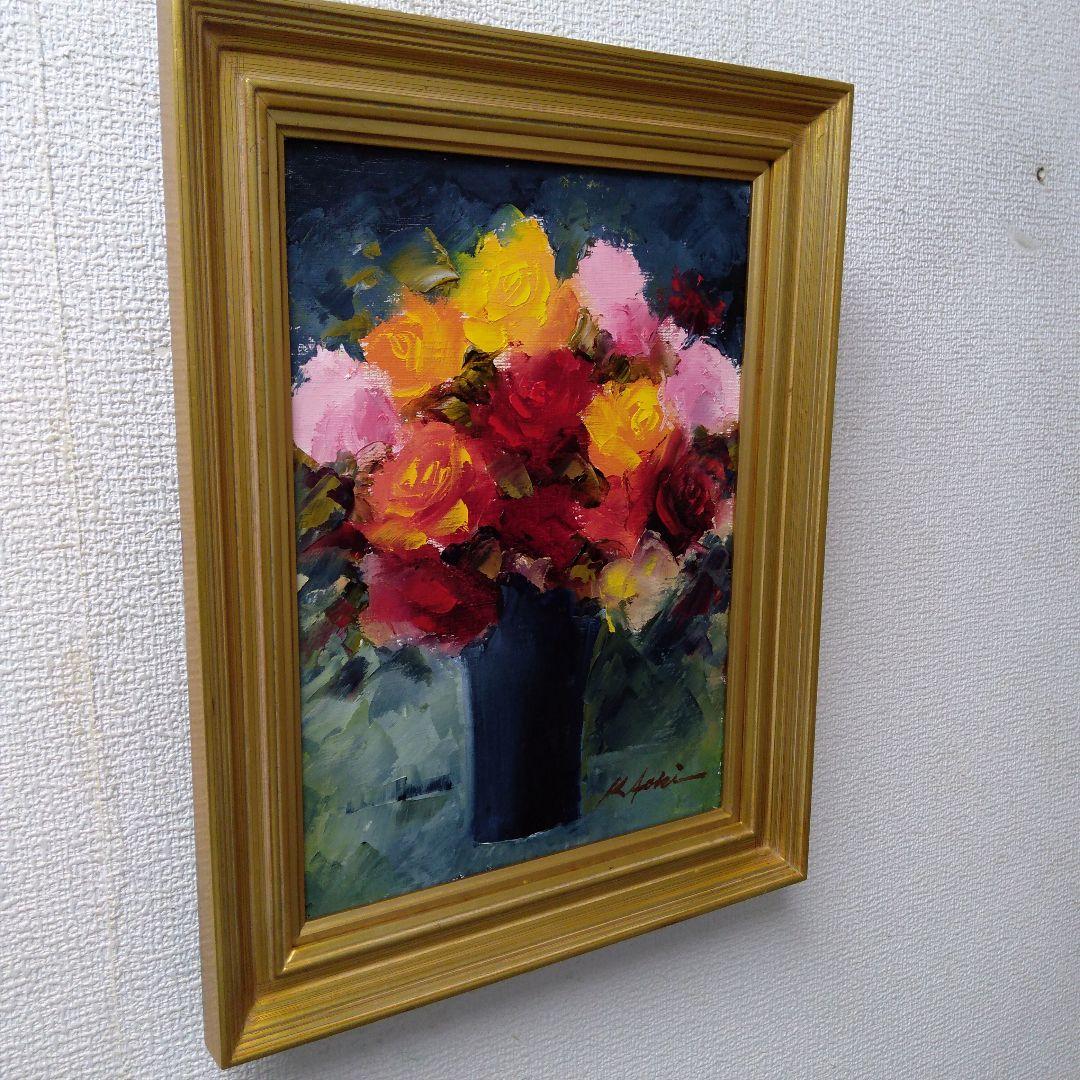肉質油絵　立て　バラの花と花瓶　青木今陽　額装仕上げ品