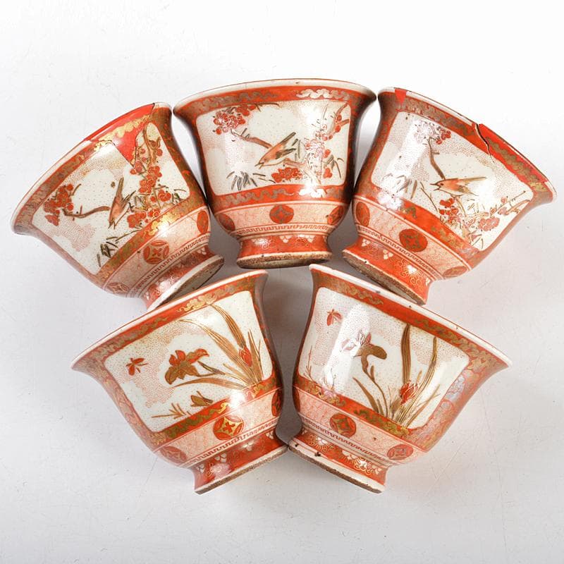 九谷焼　大日本九谷　北秀製　赤絵金彩　煎茶碗　五客　時代箱付　D　R5715