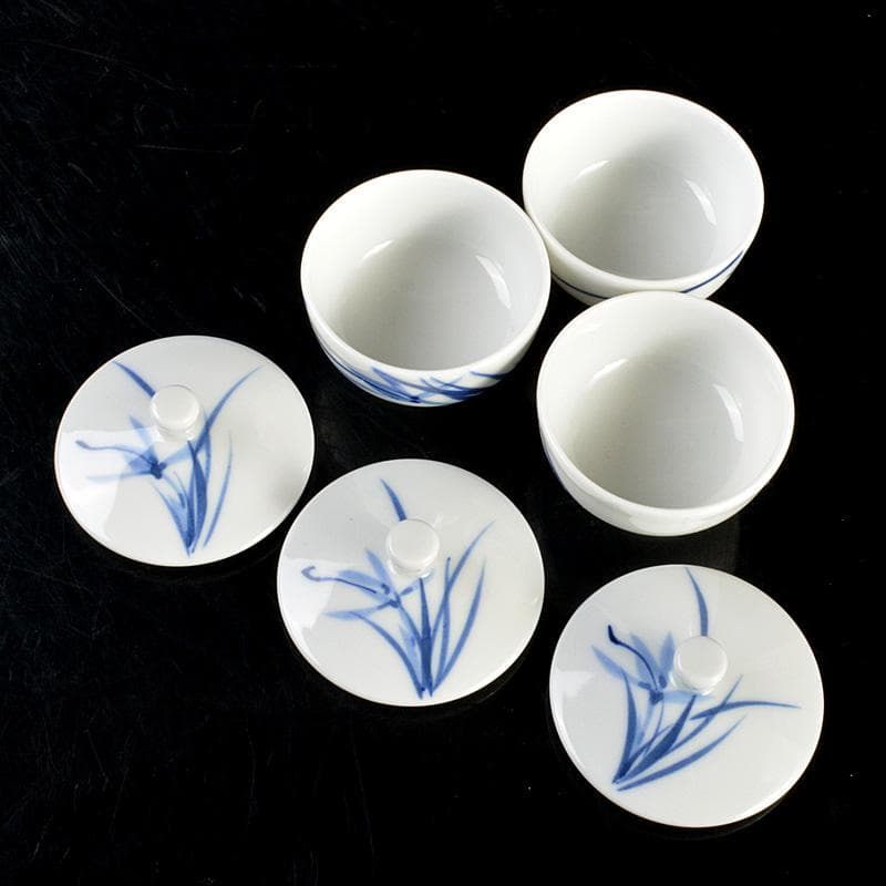 京焼　平安　光峰作　染付笹文　蓋付　猪口　３客　V　6061