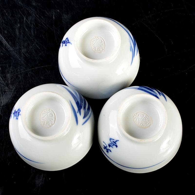 京焼　平安　光峰作　染付笹文　蓋付　猪口　３客　V　6061