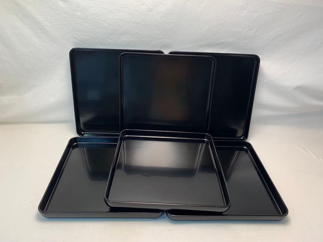 美品 懐石道具 木製黒真塗 四方膳 会席膳 6客組 銘々盆 平膳 宴会盆