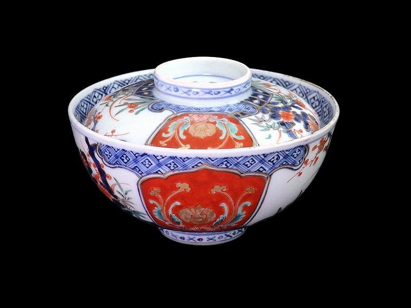 古伊万里　金襴手　四君子に兎の図　大振蓋茶碗　D837AS-CXb