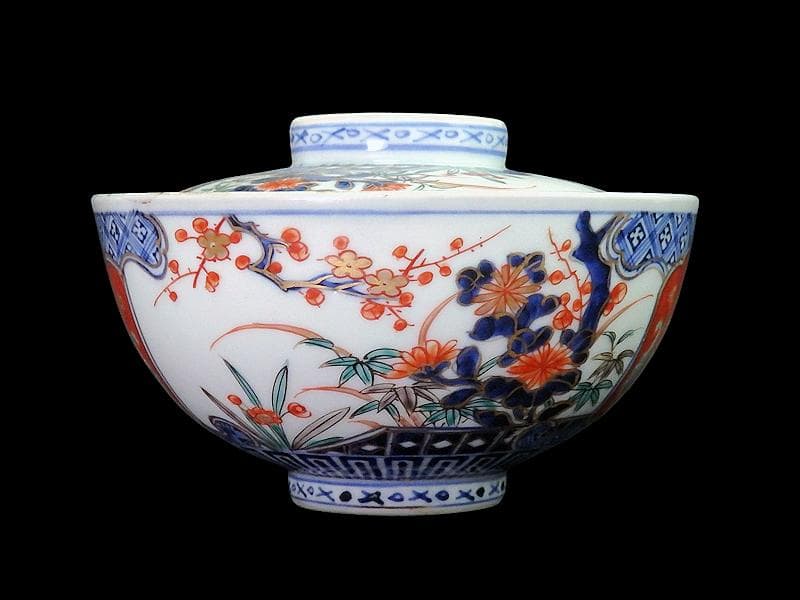 古伊万里　金襴手　四君子に兎の図　大振蓋茶碗　D837AS-CXb