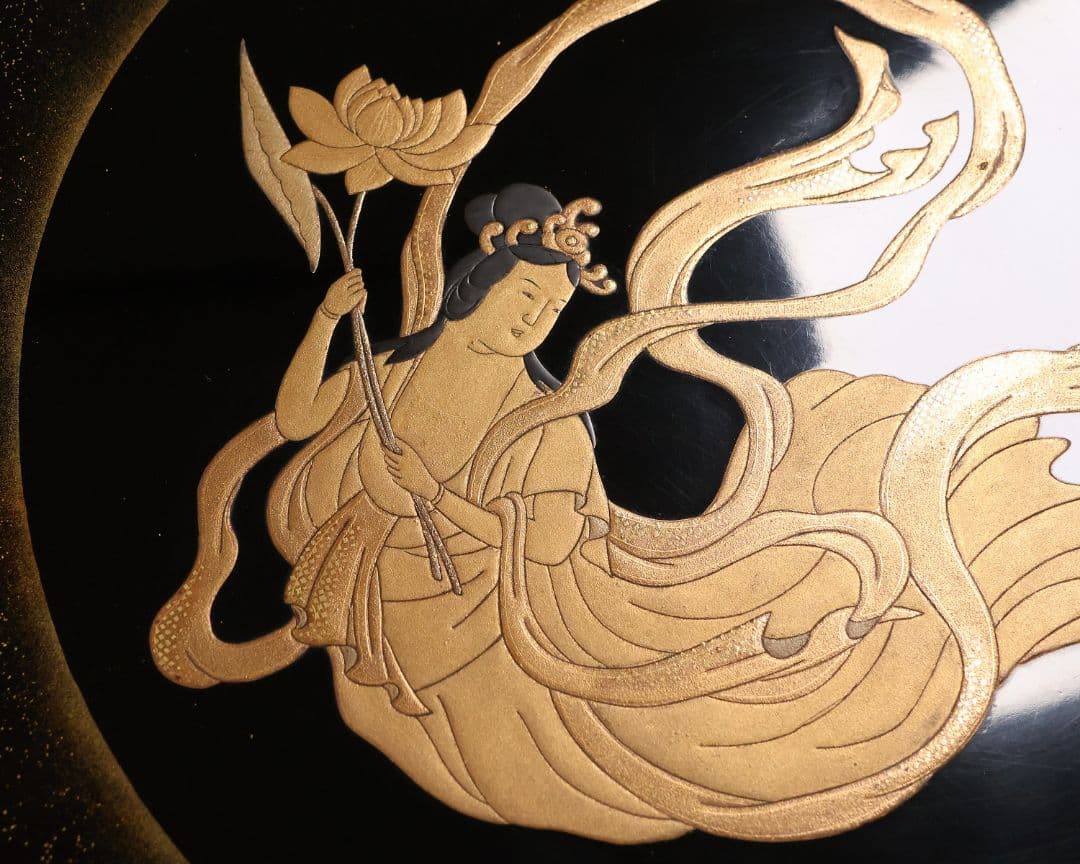 時代 飛天女蒔絵 饅頭箱 菓子箱 黒塗 木製 漆器 加賀 金沢 明治【MA824