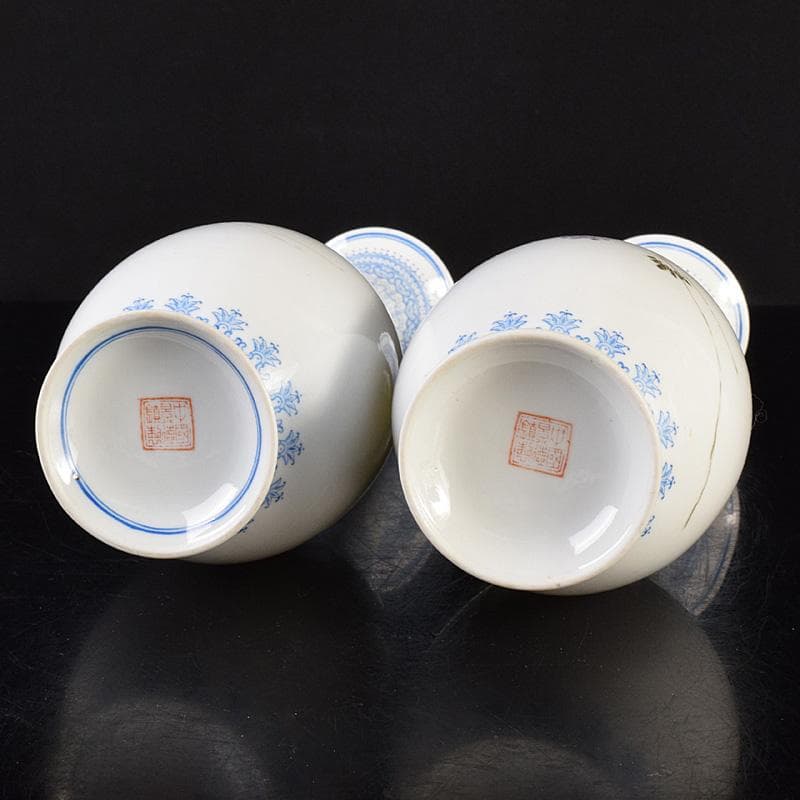 中国　中国景徳鎮製款　薄胎　粉彩　漢詩花鳥文瓶　一對　D　R7797B