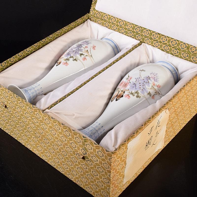 中国　中国景徳鎮製款　薄胎　粉彩　漢詩花鳥文瓶　一對　D　R7797B