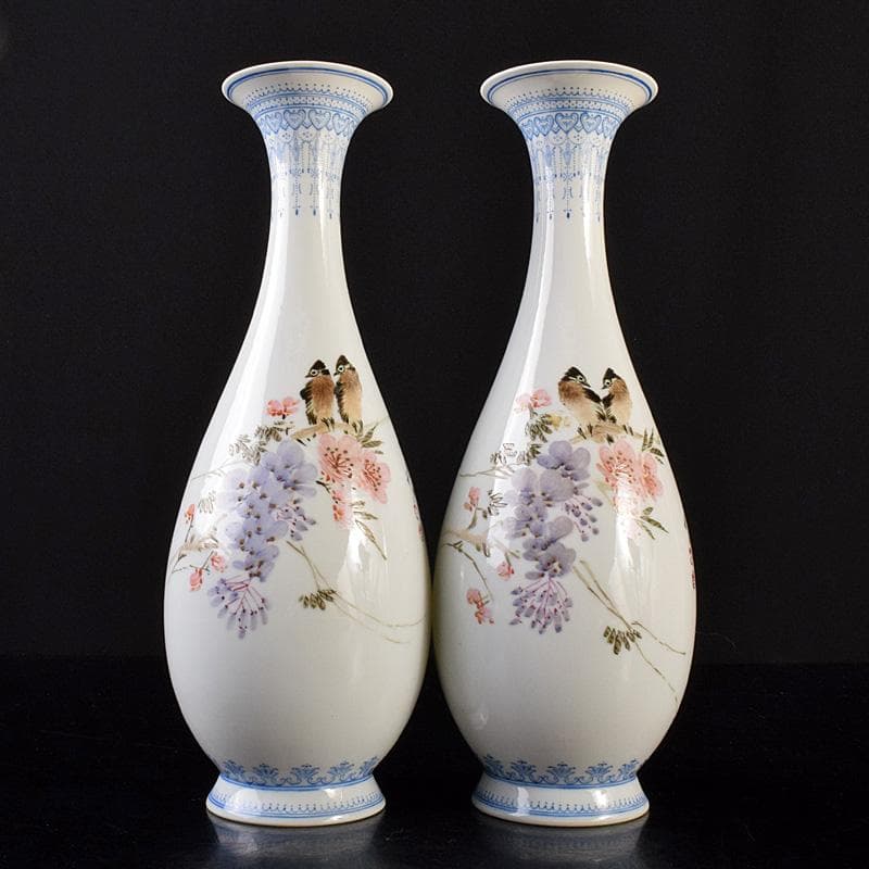 中国　中国景徳鎮製款　薄胎　粉彩　漢詩花鳥文瓶　一對　D　R7797B