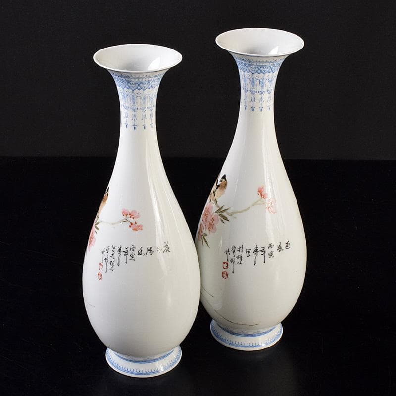 中国　中国景徳鎮製款　薄胎　粉彩　漢詩花鳥文瓶　一對　D　R7797B