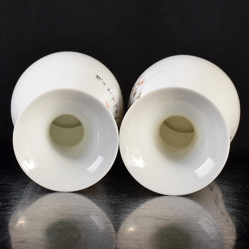 中国　中国景徳鎮製款　薄胎　粉彩　漢詩花鳥文瓶　一對　D　R7797B