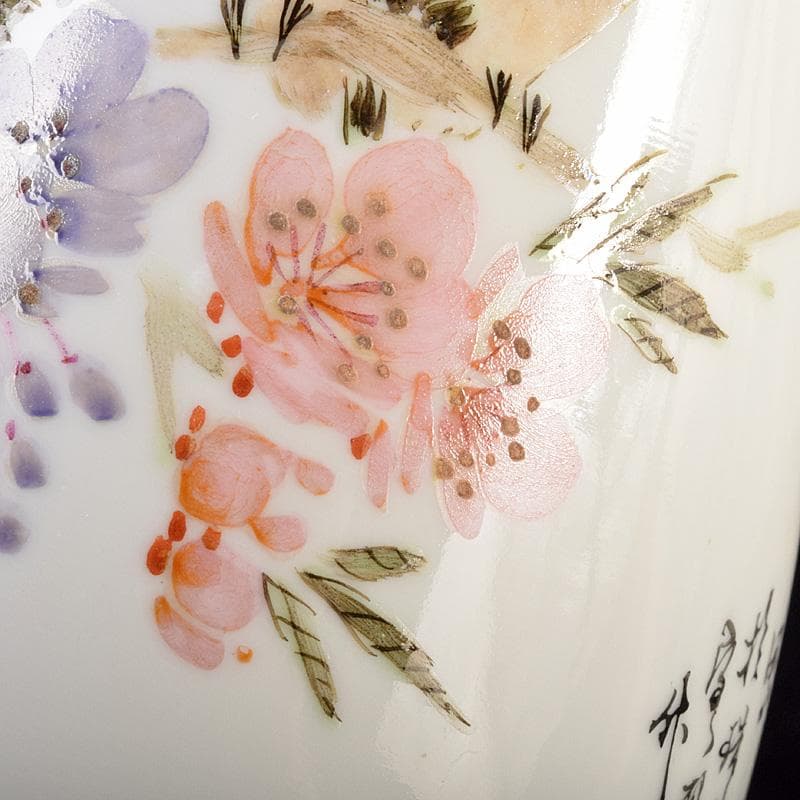 中国　中国景徳鎮製款　薄胎　粉彩　漢詩花鳥文瓶　一對　D　R7797B